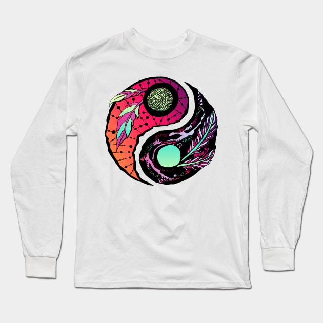 Blue Red Blend Feathers Yin Yang Long Sleeve T-Shirt by kenallouis